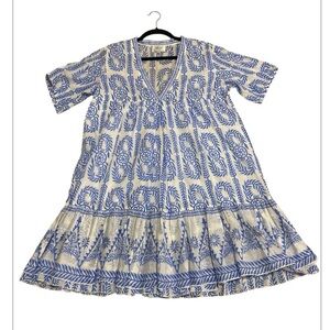 Vintage Ibiza Blue and White Floral mini festival dress ruffles  large cotton